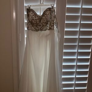 white beaded strapless prom dress